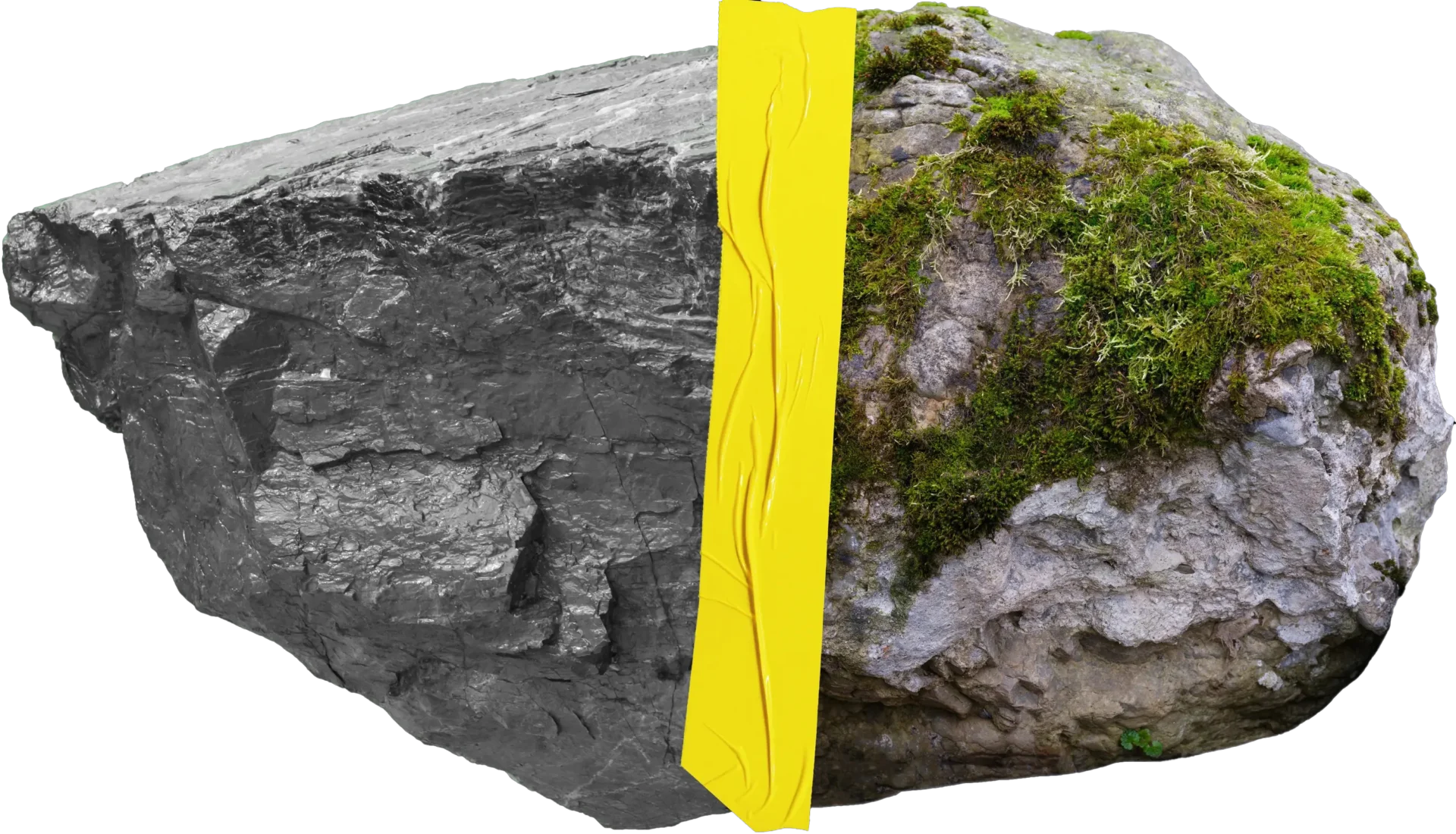 Roccia metà ricoperta di muschio e metà scura, unita da un cerotto giallo